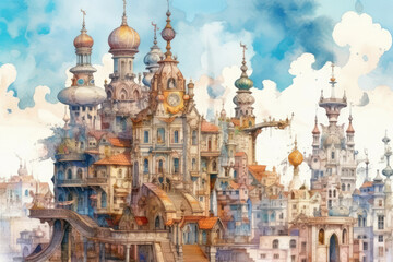 Obraz premium Watercolor fantasy illustration of a magical city with architecture in the spirit of fairy-tale Art Nouveau. 