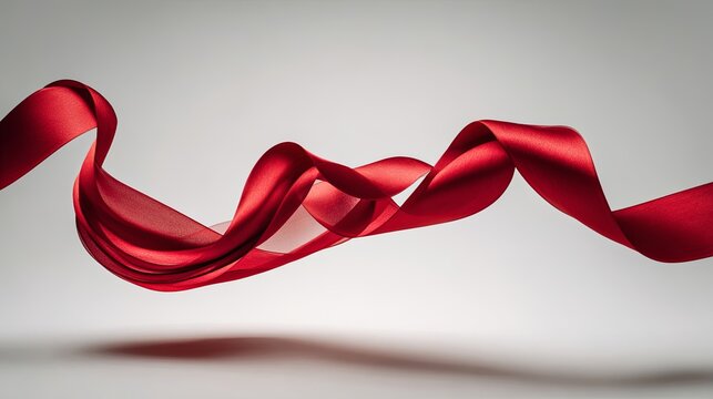 Elegant single red ribbon floating gracefully on a clean white background with soft directional lighting and minimalist aesthetic, perfect for themes of celebration, awareness, and simplicity.

