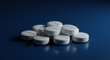 A pile of white round pills with a score line on a dark blue reflective surface