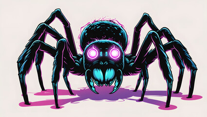 scary spider illustration with mystical energy. Designed in psychedelic cartoon sticker style with thick black lines,