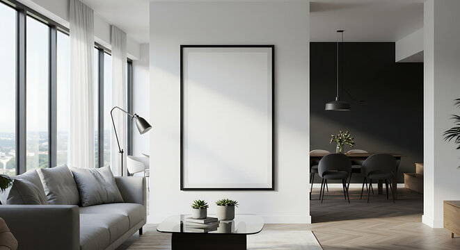 Modern apartment living room interior design with a comfortable sofa, television, and large window overlooking the city