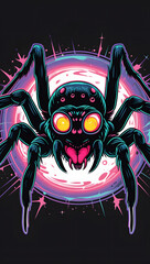 scary spider illustration with mystical energy. Designed in psychedelic cartoon sticker style with thick black lines,