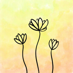 floral ink line art on abstract yellow-orange background. digital art of flowers bloom