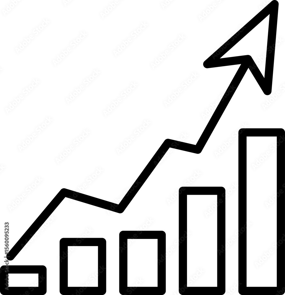 Poster simple black line art graph showing upward trend with bars and arrow isolated on transparent backgro