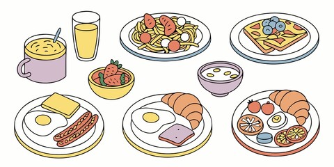 Delicious meal vector icon set of fast food pizza, hamburger, sandwich, cake, and salad on a plate for restaurant menu illustration