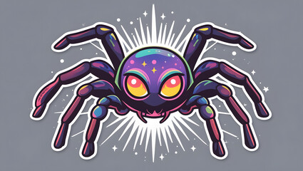 scary spider illustration with mystical energy. Designed in psychedelic cartoon sticker style with thick black lines,