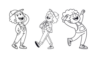 Three Cartoon Characters in Casual Outfits with Caps and Overalls – Playful Hand-Drawn Poses Illustration