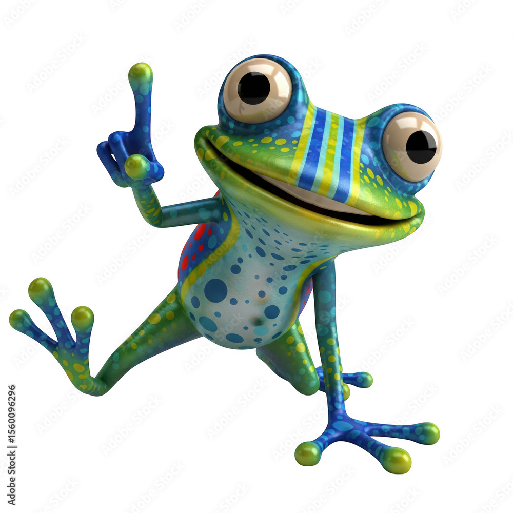 Poster animated whimsical frog character with a cheerful expression on a black background