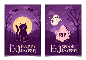 Set of Halloween Card with Black Cat and Tombstone