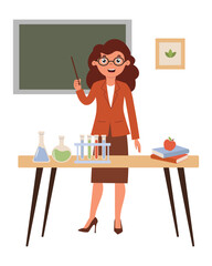 Chemistry teacher conducts an exciting lesson in the classroom with colorful laboratory equipment. Vector illustration in flat style.
