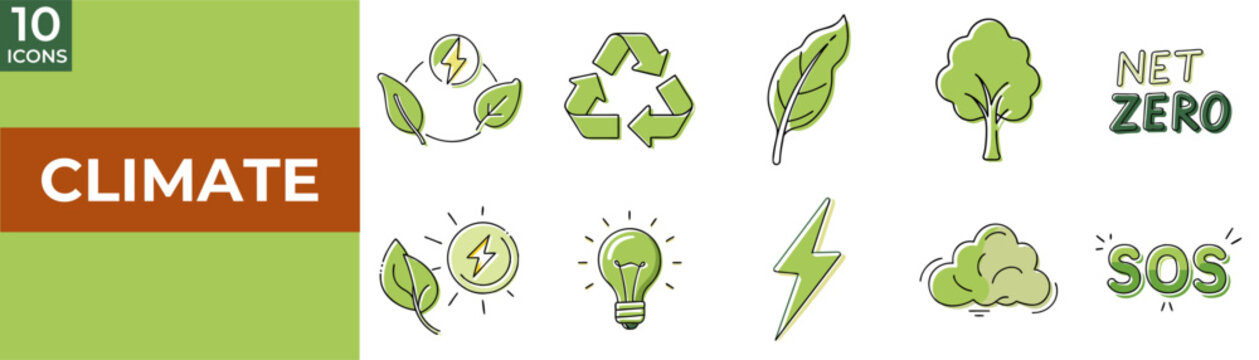 Climate-related icons depicting sustainability, energy, and nature concepts  