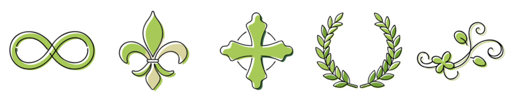 Green decorative symbol icons in various shapes and styles  
