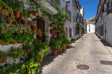 Street of the beautiful white village of Grazalema in a sunny day. Cadiz, Andalucia, Spain.