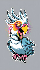 illustration of a parrot with mystical energy. Designed in a psychedelic cartoon sticker style with thick black lines,