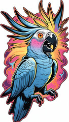 illustration of a parrot with mystical energy. Designed in a psychedelic cartoon sticker style with thick black lines,