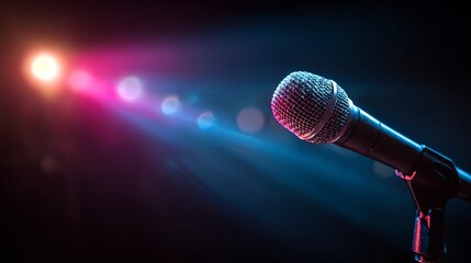 Obraz premium Close-up of professional stage microphone illuminated by dramatic colorful lights and spotlight in dark atmospheric background, capturing concert, performance, and audio recording ambiance