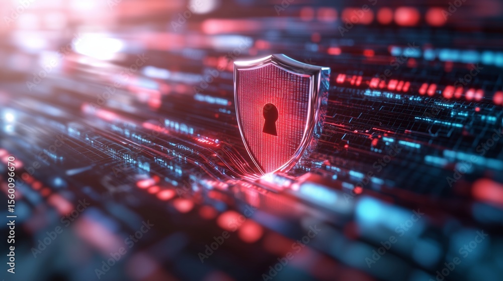 Poster emerging digital security concepts featuring a shield emblem within a network of data streams during