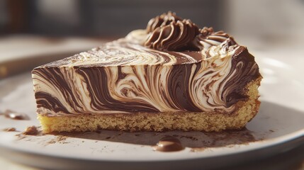 A detailed image of a virtual marble cake slice, with swirls of chocolate and vanilla, resting on a plate.
