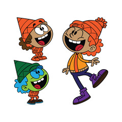 Obraz premium Three Cartoon Characters in Winter Hats and Outfits, Playful Hand-Drawn Group Illustration