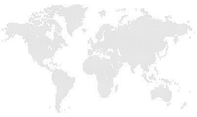 Dotted world map in geometric form displaying international borders and continents in creative abstract. Modern dot map in pixel pattern best for infographic and era heritage.