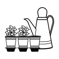 Steel watering jug placed near line of garden flowers Vector illustration