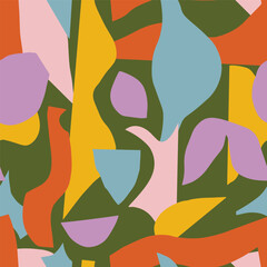 Seamless abstract pattern with colorful organic cutout shapes. Modern collage style background. Perfect for fabric, wallpaper, wrapping paper, stationery, branding, and digital design