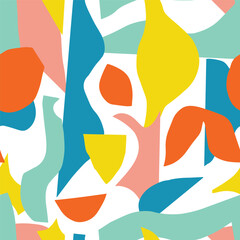Seamless abstract pattern with colorful organic cutout shapes. Modern collage style background. Perfect for fabric, wallpaper, wrapping paper, stationery, branding, and digital design