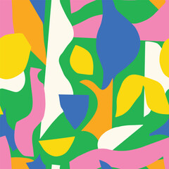 Seamless abstract pattern with colorful organic cutout shapes. Modern collage style background. Perfect for fabric, wallpaper, wrapping paper, stationery, branding, and digital design