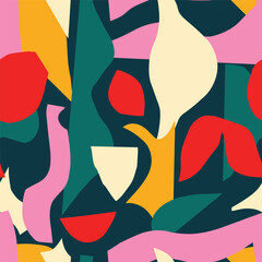 Seamless abstract pattern with colorful organic cutout shapes. Modern collage style background. Perfect for fabric, wallpaper, wrapping paper, stationery, branding, and digital design
