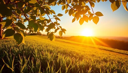 Golden sun rays filter through leaves onto vibrant green meadow, panoramic sunset view,  green,  scenic