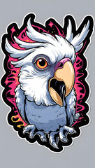 illustration of a parrot with mystical energy. Designed in a psychedelic cartoon sticker style with thick black lines,