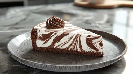 A detailed image of a virtual marble cake slice, with swirls of chocolate and vanilla, resting on a plate.