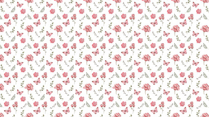 Floral pattern featuring pink roses butterflies and delicate green leaves on a white background design
