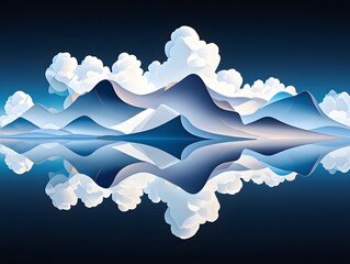 Beautiful landscape illustration of mountains and clouds reflecting in water surface art
