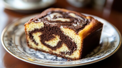 A detailed image of a virtual marble cake slice, with swirls of chocolate and vanilla, resting on a plate.