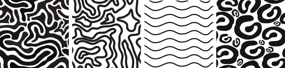 Abstract black and white seamless pattern set with organic, wavy, and fluid line textures. Perfect for textiles, packaging, or digital backgrounds. Modern, minimal vector design elements included.