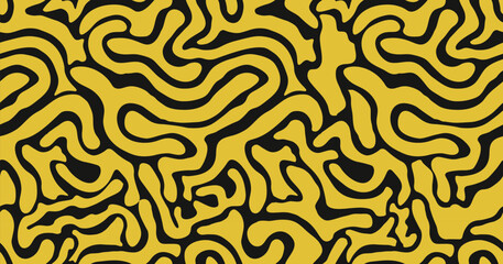 Seamless yellow and black abstract camouflage pattern with organic fluid lines. Bold and modern design perfect for fashion, textiles, and digital backgrounds. High contrast visual texture layout.
