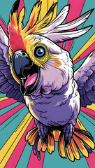 illustration of a parrot with mystical energy. Designed in a psychedelic cartoon sticker style with thick black lines,
