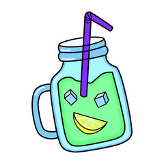 Vector illustration of glass mug with lemon water and straw. Hand drawn colorful doodle sketch of glass mug 