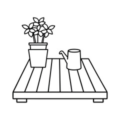 Garden deck with watering can placed beside bonsai Vector illustration