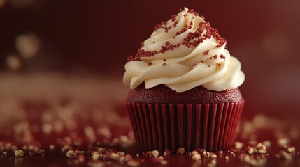 A detailed image of a virtual red velvet cupcake topped with cream cheese frosting and a sprinkle of cake crumbs.