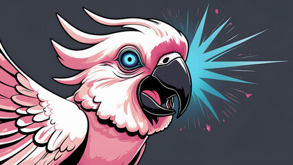 illustration of a parrot with mystical energy. Designed in a psychedelic cartoon sticker style with thick black lines,