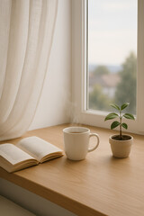 窓辺の静かなひととき｜開いた本と湯気の立つマグカップ、観葉植物が並ぶ木製の窓辺に優しい光が差し込む、丁寧な暮らしを感じるミニマルな空間