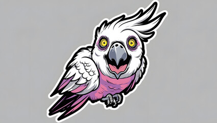 illustration of a parrot with mystical energy. Designed in a psychedelic cartoon sticker style with thick black lines,
