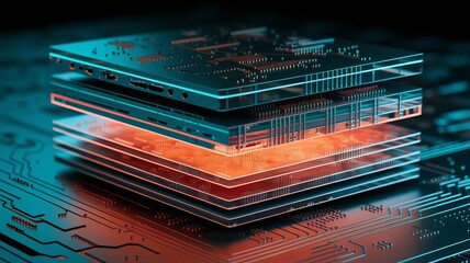 Abstract futuristic technology circuit board layers with glowing neon lights
