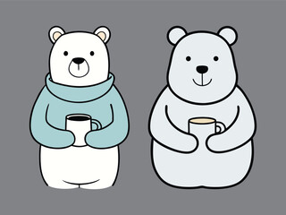 Two Cute Cartoon Bears Holding Cups – Hand-Drawn Animal Friends Illustration in Pastel Colors