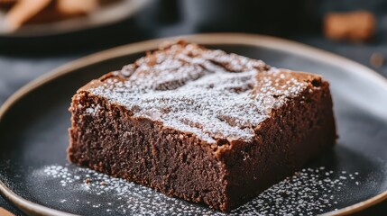 A detailed shot of a virtual brownie with a fudg texture and a dusting of powdered sugar, resting on a plate.