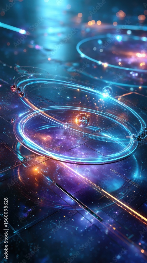 Poster abstract futuristic technology background with glowing blue and orange light patterns and circular d