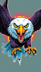 illustration of an eagle with mystical energy. Designed in a psychedelic cartoon sticker style with thick black lines,