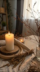 Cozy Autumn Still Life with Burning Candle and Dried Flowers